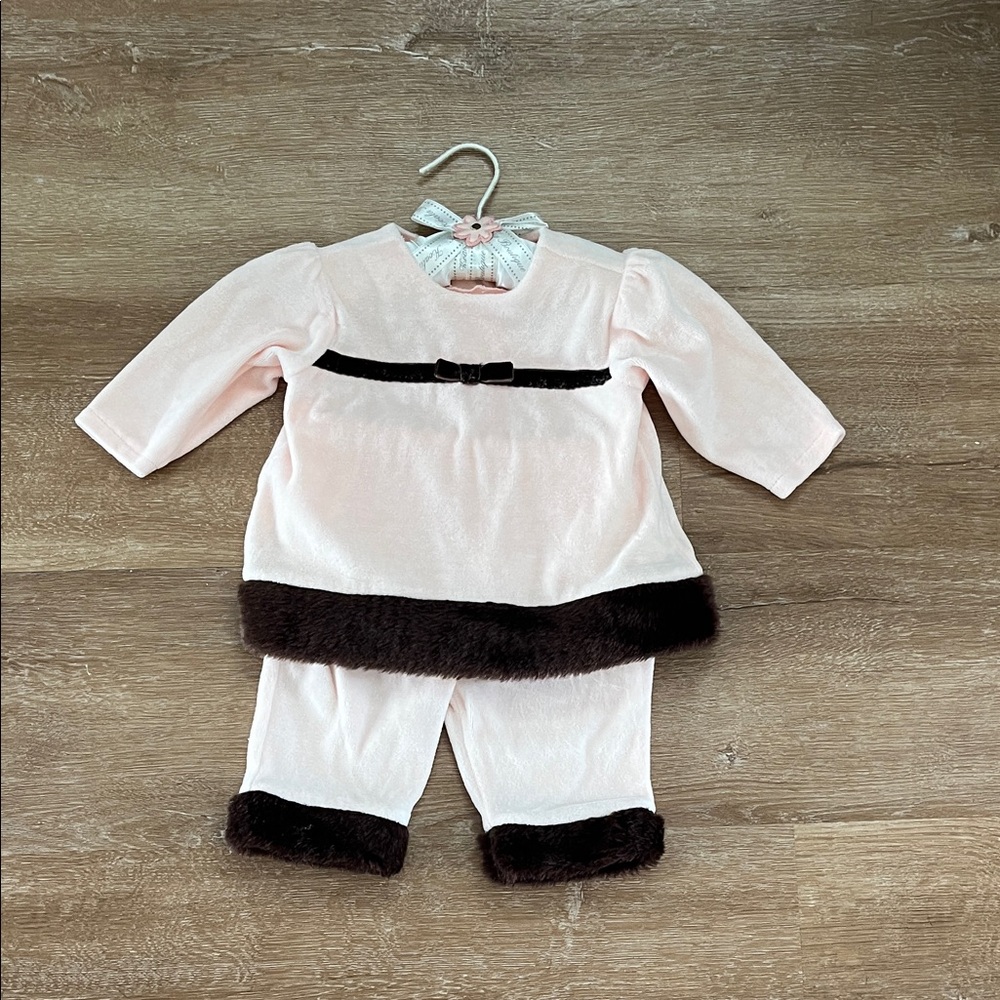 Pale Pink Baby Outfit with Brown Trim